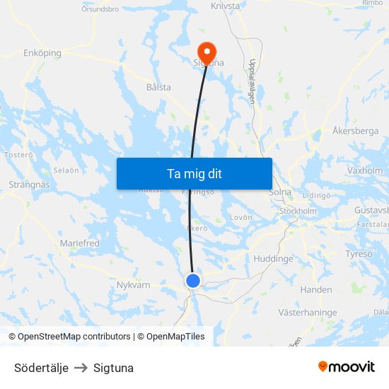 Södertälje to Sigtuna map