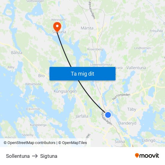 Sollentuna to Sigtuna map