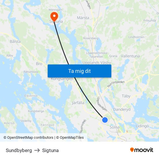 Sundbyberg to Sigtuna map