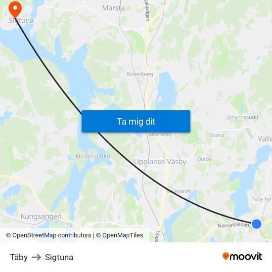 Täby to Sigtuna map