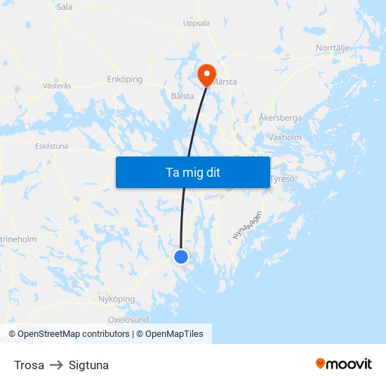 Trosa to Sigtuna map