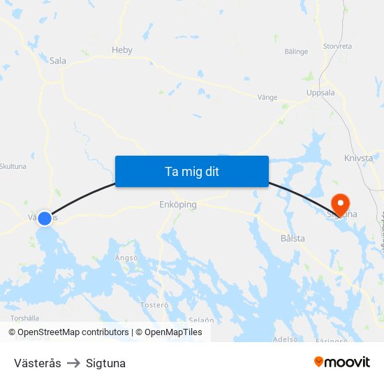 Västerås to Sigtuna map
