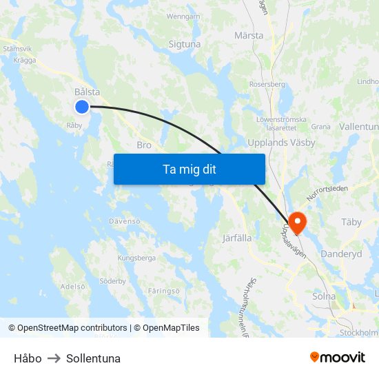 Håbo to Sollentuna map