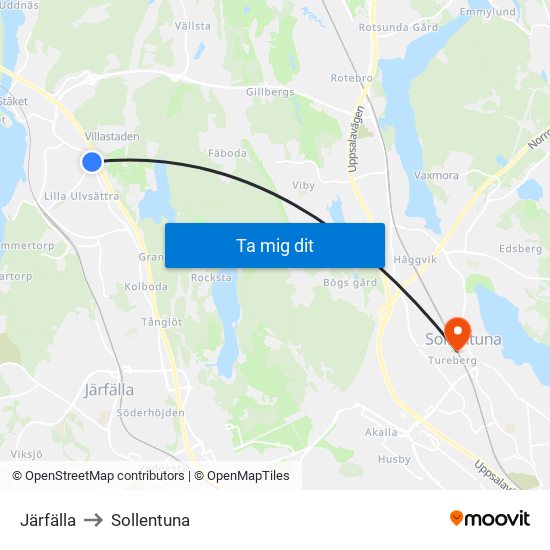 Järfälla to Sollentuna map