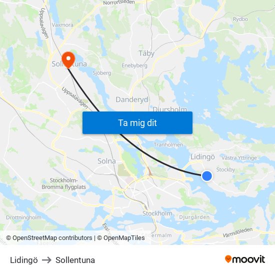 Lidingö to Sollentuna map