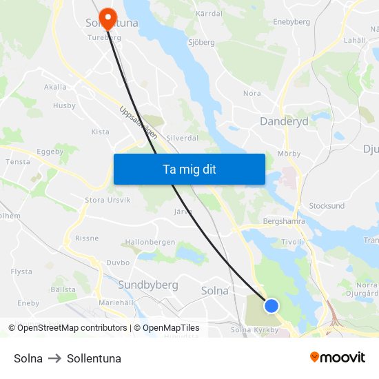 Solna to Sollentuna map