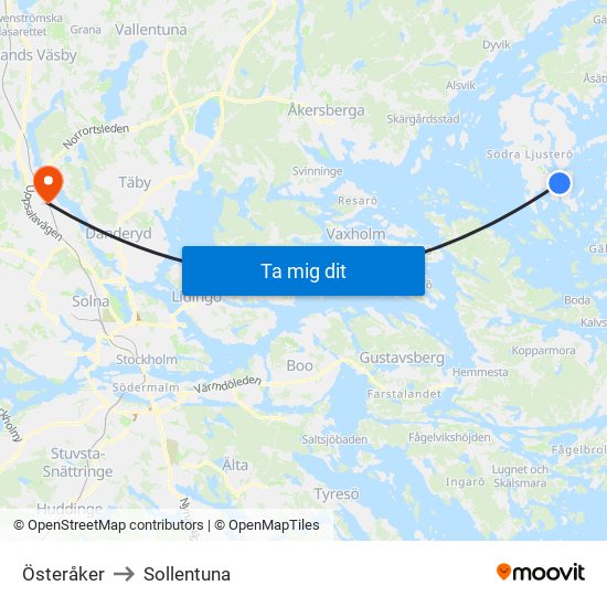 Österåker to Sollentuna map