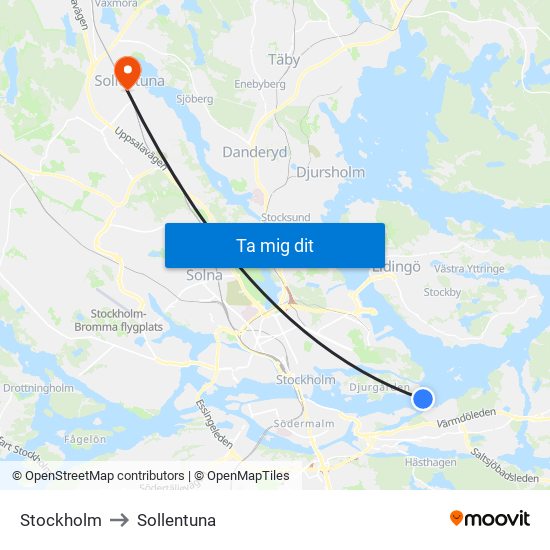 Stockholm to Sollentuna map