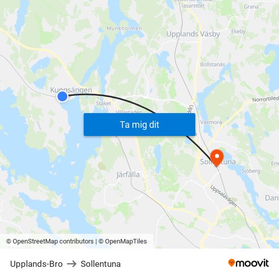 Upplands-Bro to Sollentuna map
