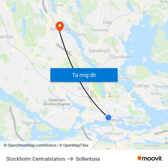 Stockholm Centralstation to Sollentuna map