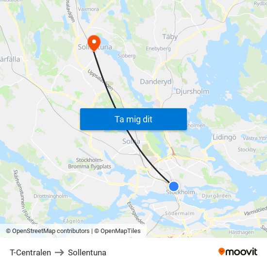 T-Centralen to Sollentuna map