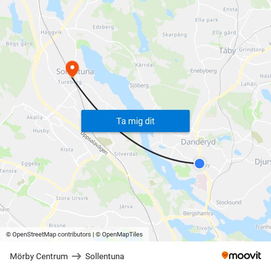 Mörby Centrum to Sollentuna map