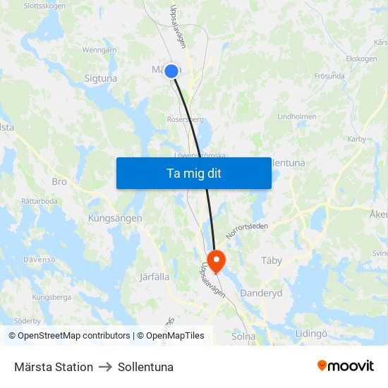 Märsta Station to Sollentuna map