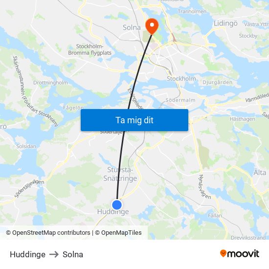 Huddinge to Solna map