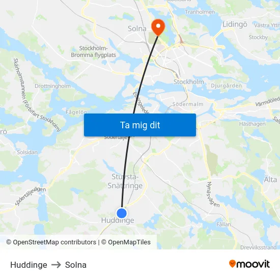 Huddinge to Solna map