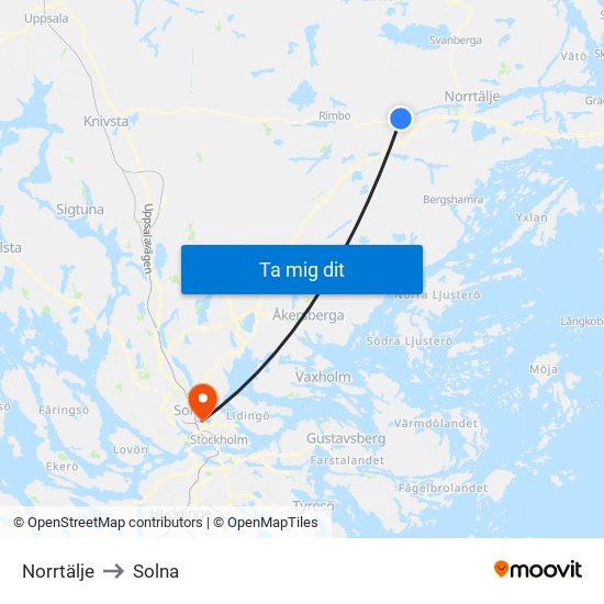 Norrtälje to Solna map