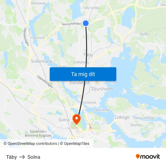 Täby to Solna map