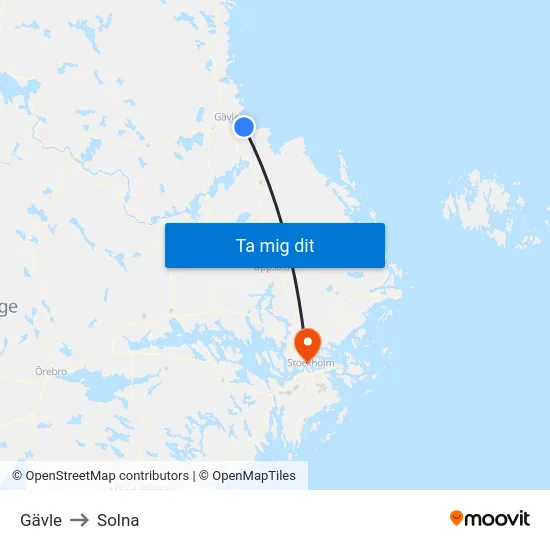 Gävle to Solna map
