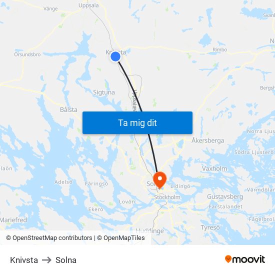 Knivsta to Solna map