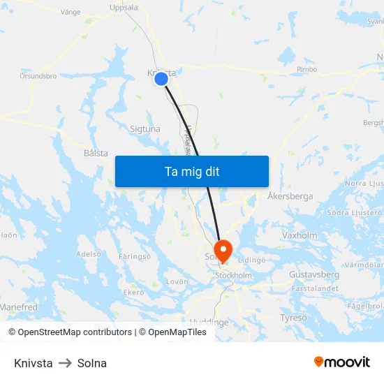Knivsta to Solna map