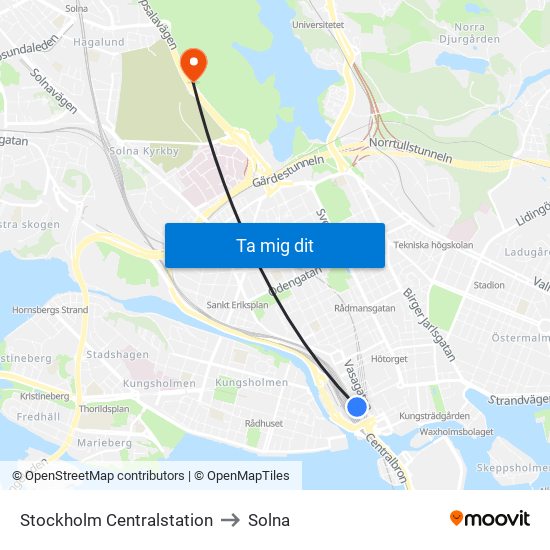 Stockholm Centralstation to Solna map