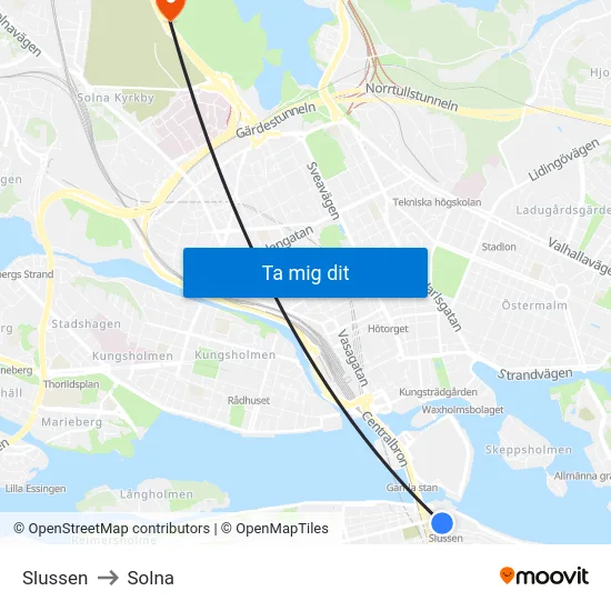 Slussen to Solna map