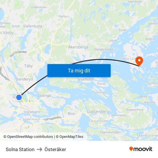 Solna Station to Österåker map