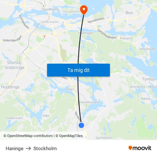 Haninge to Stockholm map