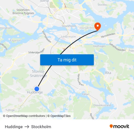 Huddinge to Stockholm map