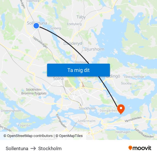 Sollentuna to Stockholm map