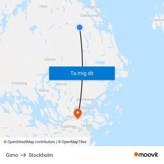Gimo to Stockholm map