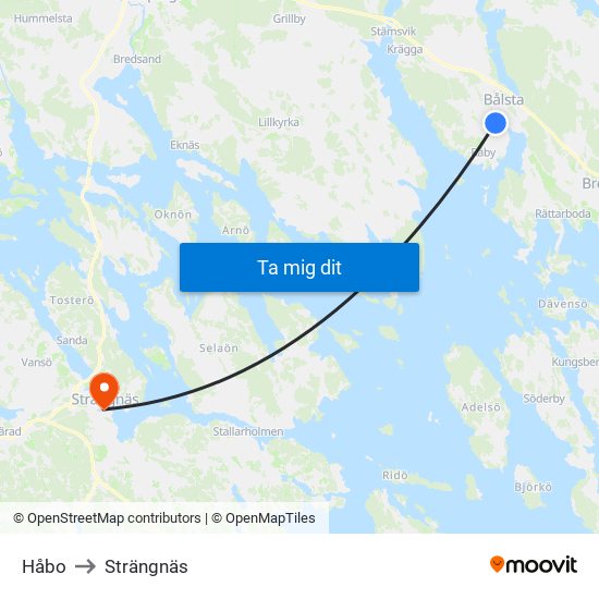 Håbo to Strängnäs map