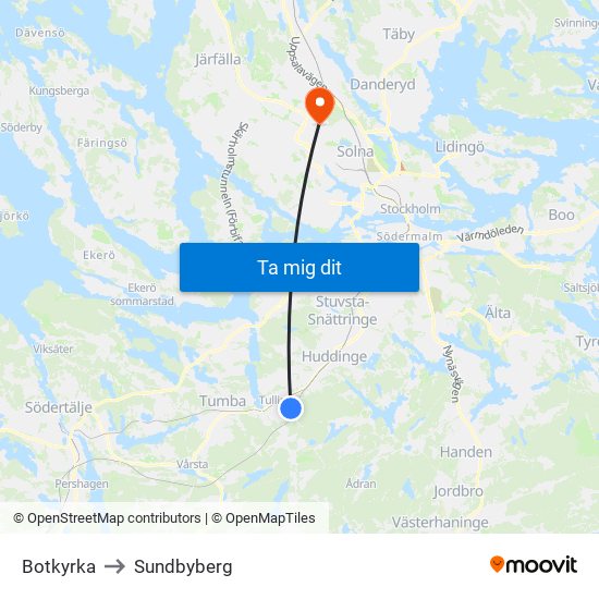 Botkyrka to Sundbyberg map