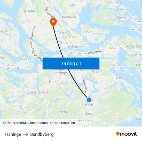 Haninge to Sundbyberg map