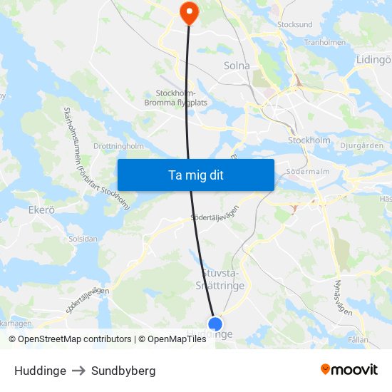 Huddinge to Sundbyberg map