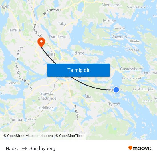 Nacka to Sundbyberg map