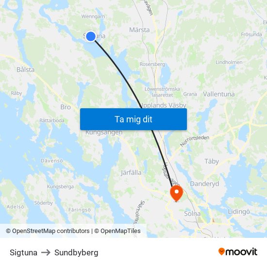 Sigtuna to Sundbyberg map