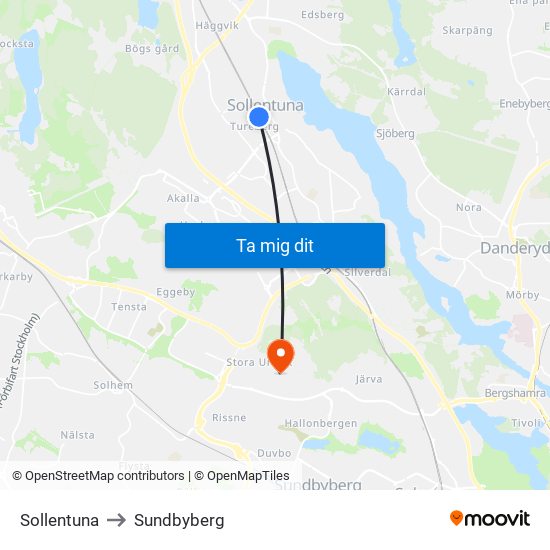 Sollentuna to Sundbyberg map