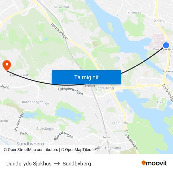 Danderyds Sjukhus to Sundbyberg map