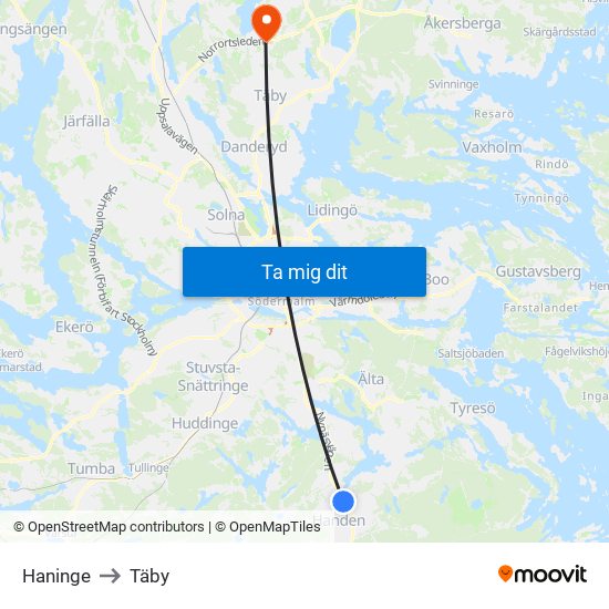 Haninge to Täby map