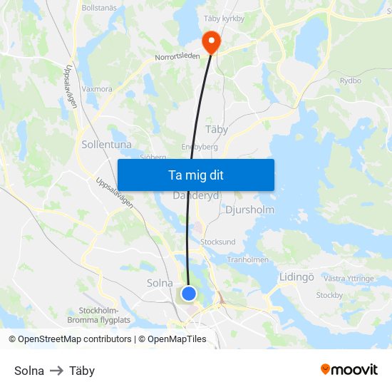 Solna to Täby map