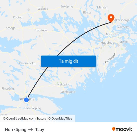 Norrköping to Täby map