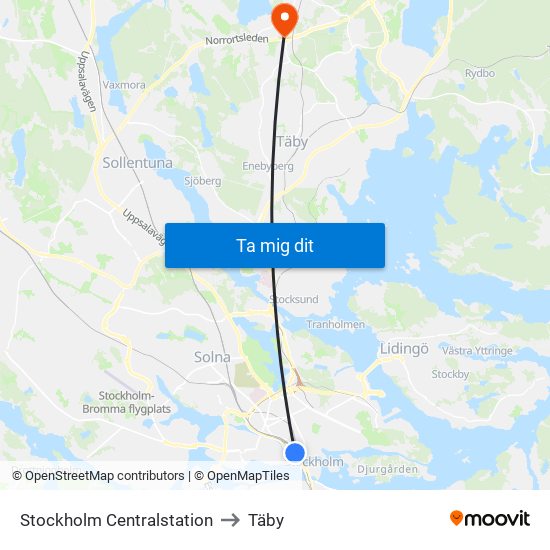 Stockholm Centralstation to Täby map