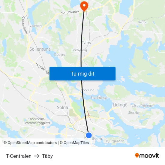 T-Centralen to Täby map