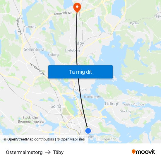 Östermalmstorg to Täby map