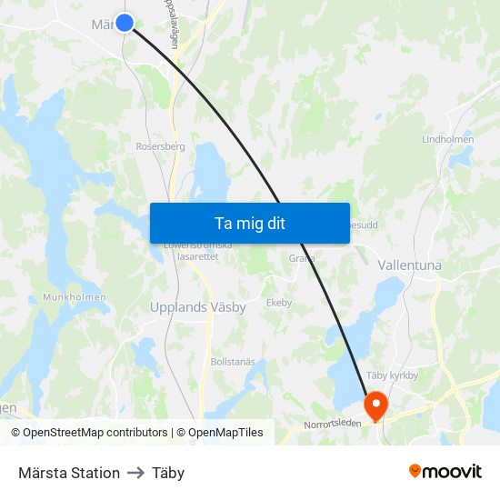 Märsta Station to Täby map