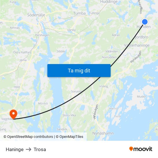 Haninge to Trosa map