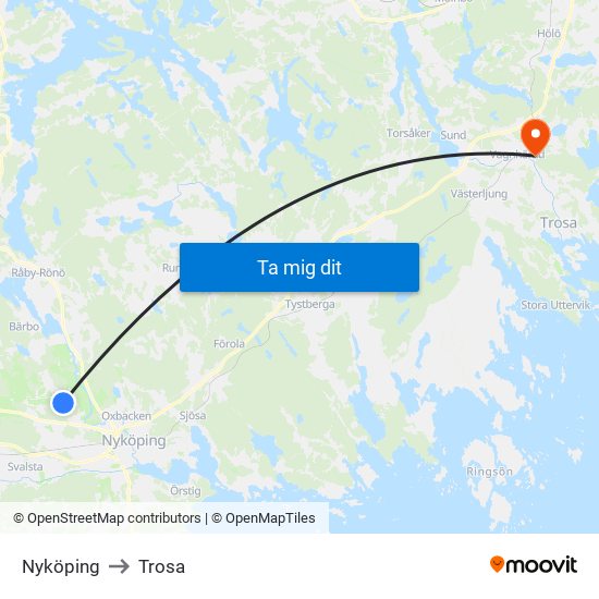 Nyköping to Trosa map