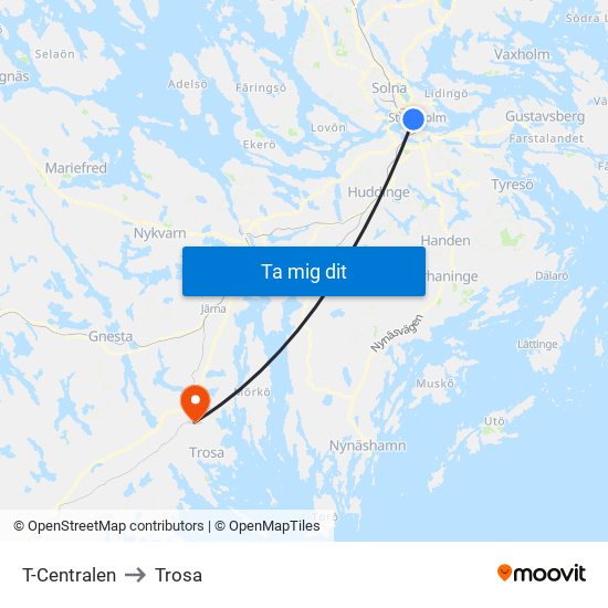 T-Centralen to Trosa map