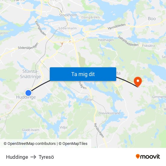 Huddinge to Tyresö map